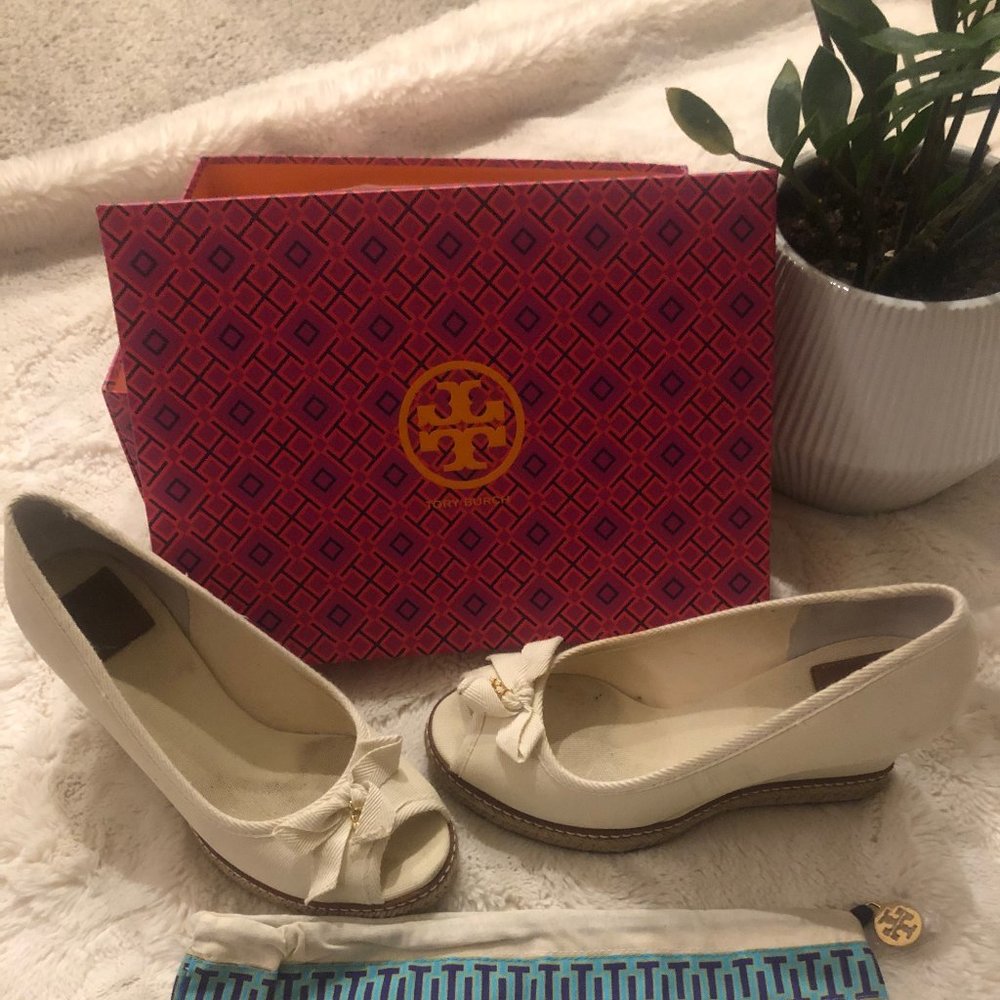 Tory Burch Ivory Canvas Espadrille Wedges